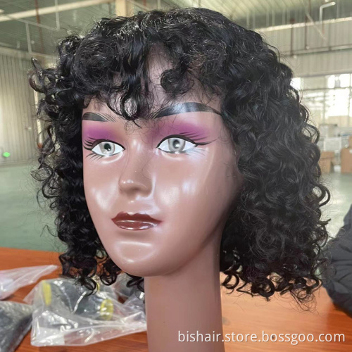 Cheap Machine Made Wig 100% Brazilian Human Hair Pixie Cut Wigs Short Kinky Curly Non Lace Wigs with Bangs for Women